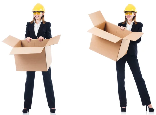 Costruttore donna con box isolato su bianco — Foto Stock