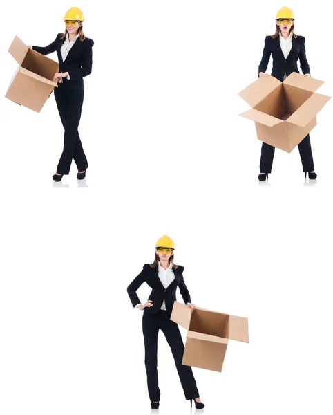 Bauarbeiterin mit Kiste isoliert auf weiß — Stockfoto