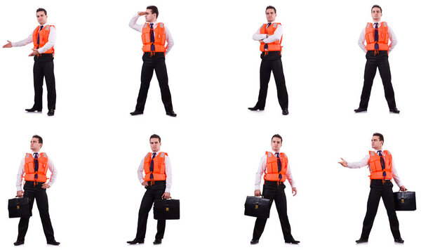 Человек в спасательной рубашке изолирован на белом
 