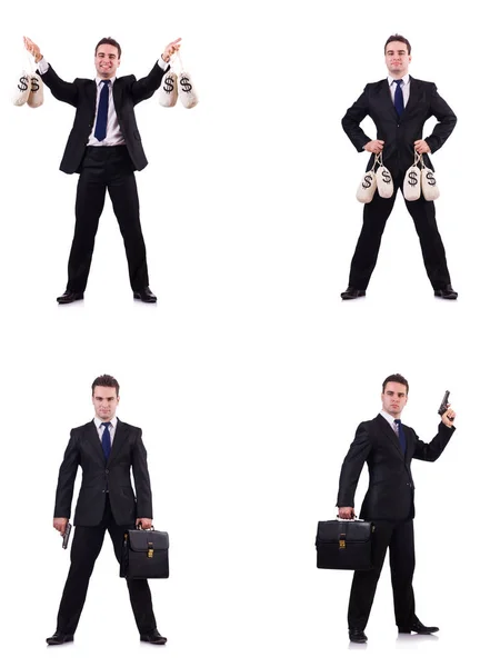 Businessman with money sacks, briefcase and handgun — Stock Photo, Image