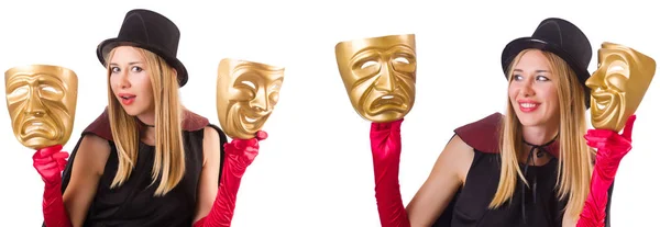 Mulher com duas máscaras isoladas em branco — Fotografia de Stock