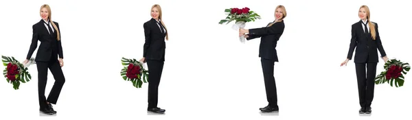 Femme d'affaires avec bouquet de fleurs isolées sur blanc — Photo