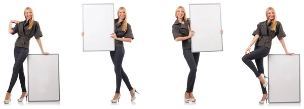 Mooie jongedame met whiteboard geïsoleerd op wit — Stockfoto