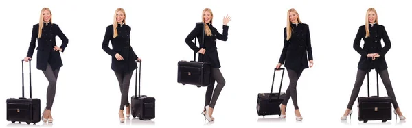 Hermosa mujer en abrigo negro con maleta —  Fotos de Stock