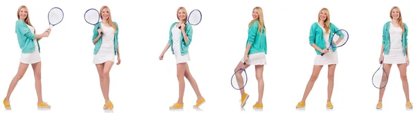 Joven hermosa dama jugando tenis aislado en blanco — Foto de Stock