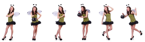 Mujer joven en traje de abeja aislado en blanco — Foto de Stock