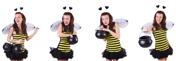 Young woman in bee costume isolated on white — Stock Photo, Image