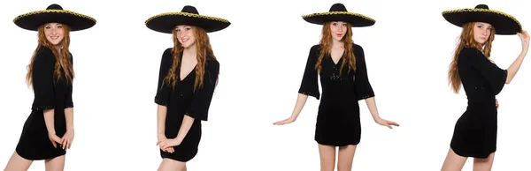 Young redhead lady in black dress with black sombrero — Stock Photo, Image