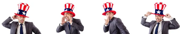 Adam beyaz izole Amerikan şapka ile — Stok fotoğraf