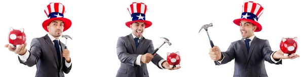 Man with american hat and piggybank and hummer — Stock Photo, Image