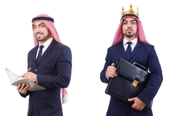 Uomo arabo con borsa isolata su bianco — Foto Stock