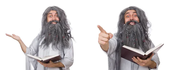 Grappige oude wizard met boek — Stockfoto