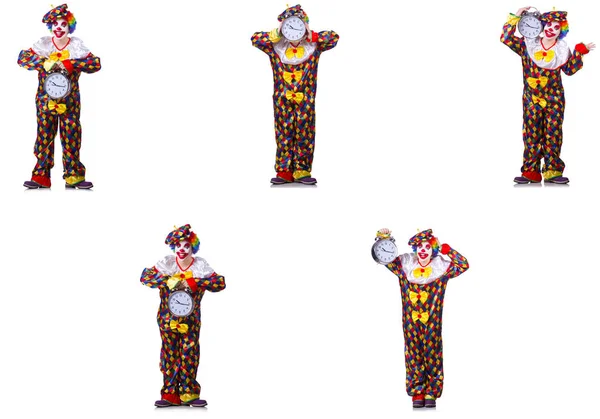 Grappige mannelijke clown met wekker — Stockfoto