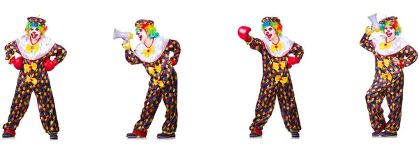 Rolig manliga clown med boxhandskar och högtalare — Stockfoto