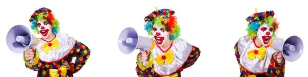 Buffo clown maschio con megafono — Foto Stock