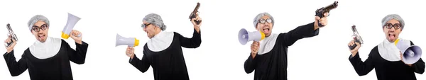 Freira masculina estranha com arma e megafone — Fotografia de Stock