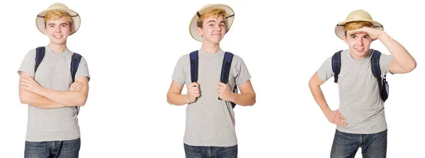 Young boy in cork helmet with backpack — Stock Photo, Image