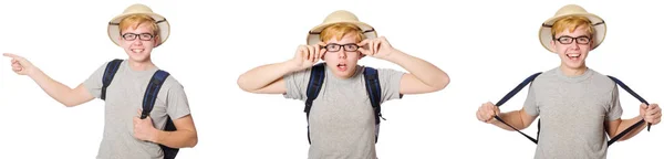 Νεαρό αγόρι στο Κορκ κράνος με σακίδιο — Φωτογραφία Αρχείου