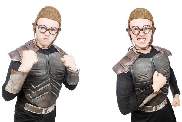 Joven hombre divertido en traje de armadura —  Fotos de Stock