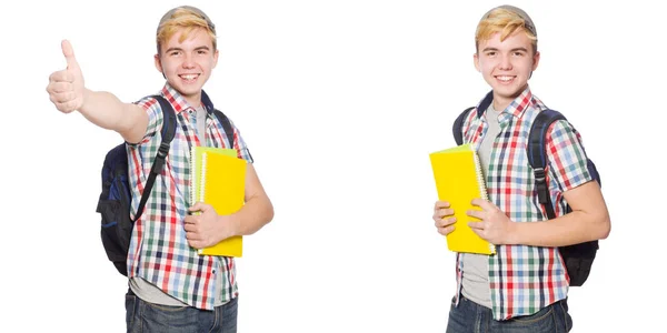 Student med ryggsäck och anteckningar isolerad på vit — Stockfoto