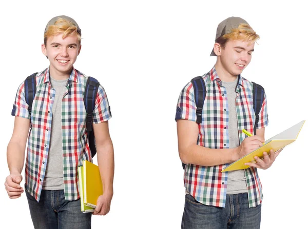 Estudiante con mochila y notas aisladas en blanco — Foto de Stock