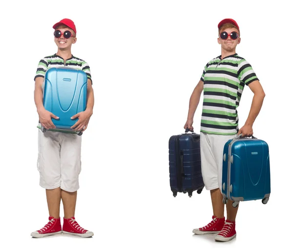 Mladý muž s kufrem izolovaným na bílém — Stock fotografie