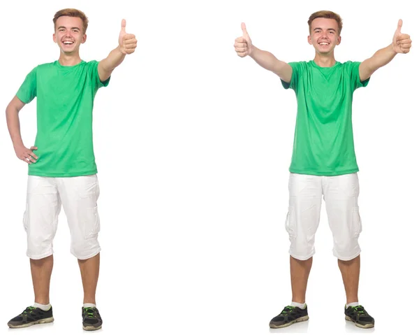 Jonge jongen in groene t-shirt geïsoleerd op wit — Stockfoto