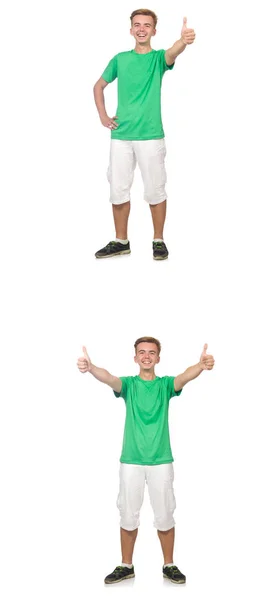 Jovem rapaz em t-shirt verde isolado em branco — Fotografia de Stock