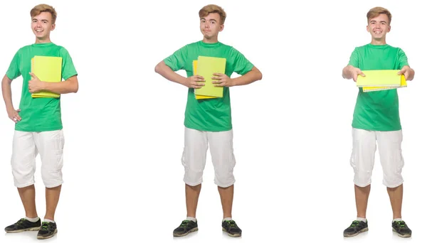Junge Studentin mit Zetteln auf Weiß — Stockfoto