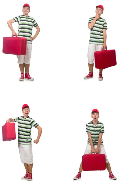 Hombre joven con maleta roja aislada en blanco — Foto de Stock