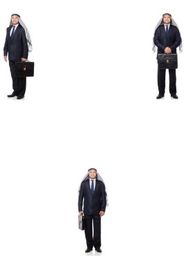 Arap işadamı ile üzerine beyaz izole evrak çantası