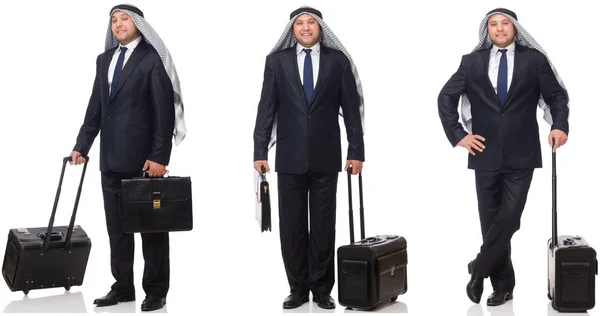 Hombre de negocios árabe con maleta aislada en blanco — Foto de Stock