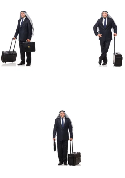 Арабский бизнесмен с чемоданом изолирован на белом — стоковое фото