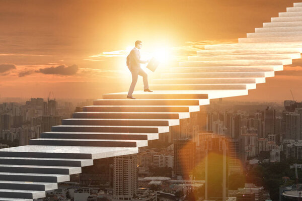 Businessman climbing career ladder over city