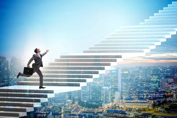 Businessman climbing career ladder over city — Stock Photo, Image