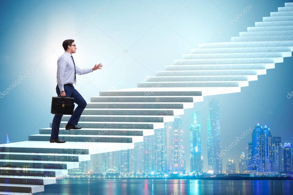 Businessman climbing career ladder over city