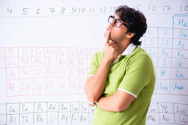 Young male student chemist in front of periodic table — Stock Photo, Image