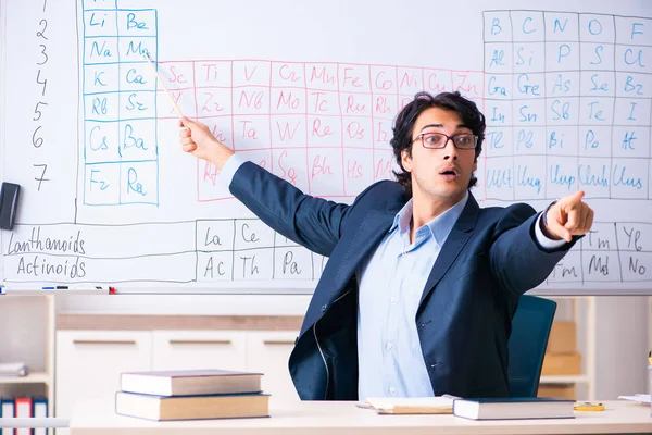 Jovem professor de química masculina na frente da tabela periódica — Fotografia de Stock