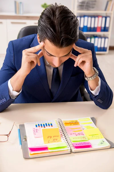 Junger schöner Mitarbeiter plant seine Arbeitstätigkeit — Stockfoto