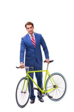 Genç işadamı işe gitmek için bisiklet kullanıyor.