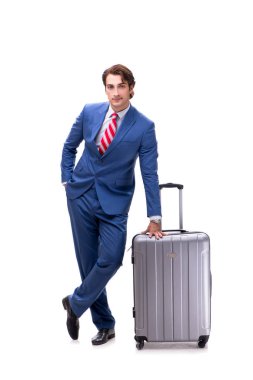 Genç yakışıklı işadamı beyaz izole çanta 