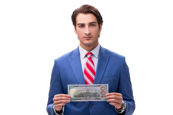 Elegant man with banknote isolated on white — Stock Photo, Image