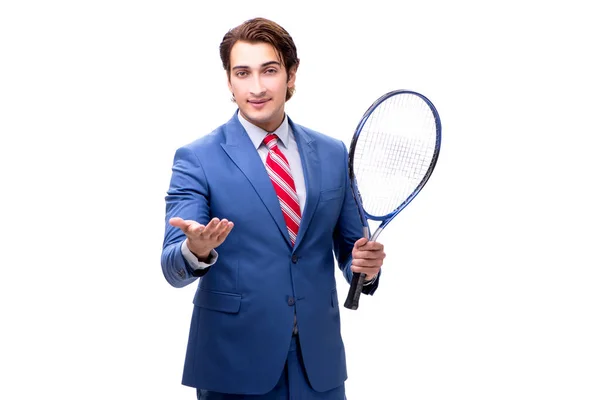 Elegante hombre con raqueta de tenis aislada en blanco —  Fotos de Stock