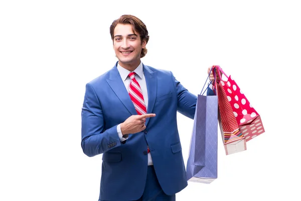 Elegante zakenman met tassen geïsoleerd op wit — Stockfoto