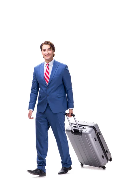 Молодой привлекательный бизнесмен с чемоданом, изолированным на белом — стоковое фото