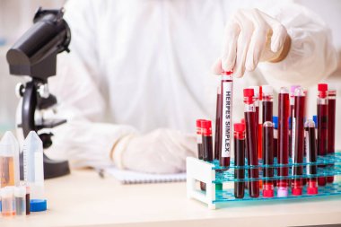 Genç yakışıklı laboratuvar asistanı hastanede kan örnekleri test ediyor. 