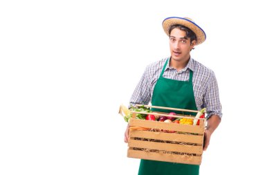 Beyaz arka planda taze ürünleri olan genç çiftçi.