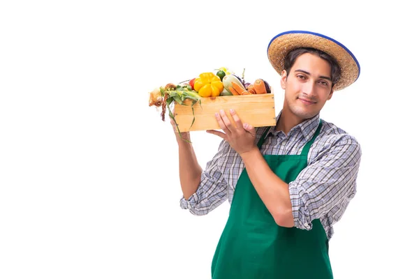 Ung jordbrukare med färska produkter isolerade på vit bakgrund — Stockfoto