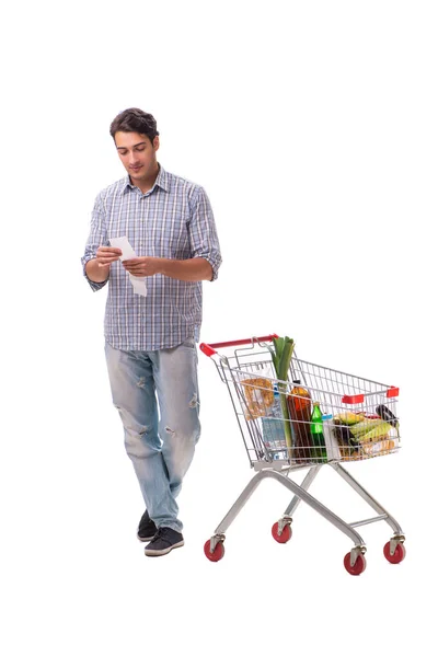 Junger Mann mit Einkaufswagen auf weißem Grund — Stockfoto