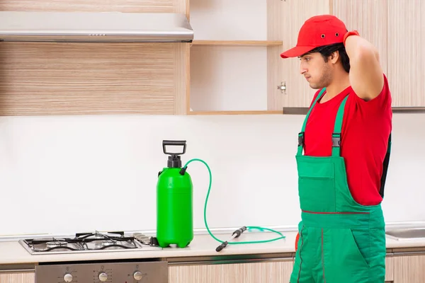Contratante profissional fazendo controle de pragas na cozinha — Fotografia de Stock